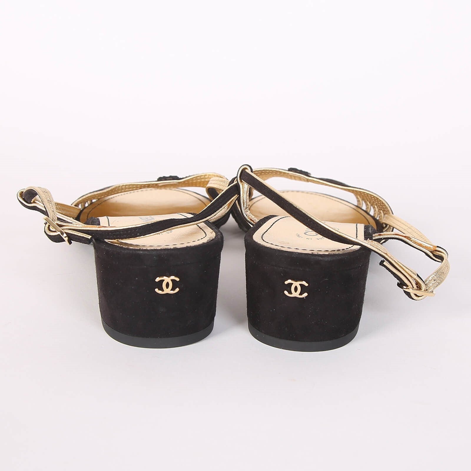 CC  Strappy Low Heel Sandals 35mm Black Gold Metallic Suede