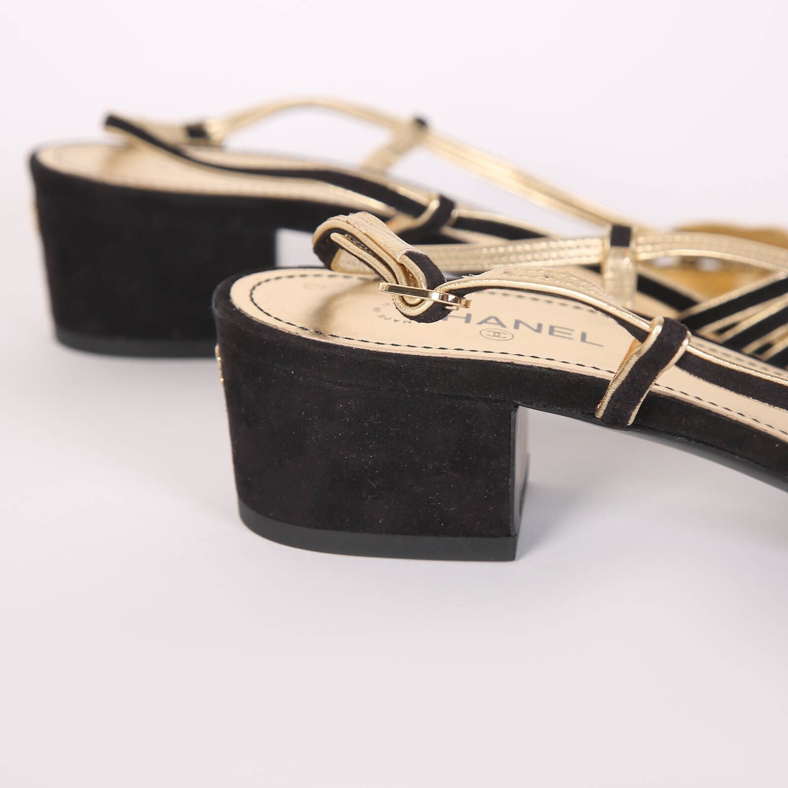 CC  Strappy Low Heel Sandals 35mm Black Gold Metallic Suede