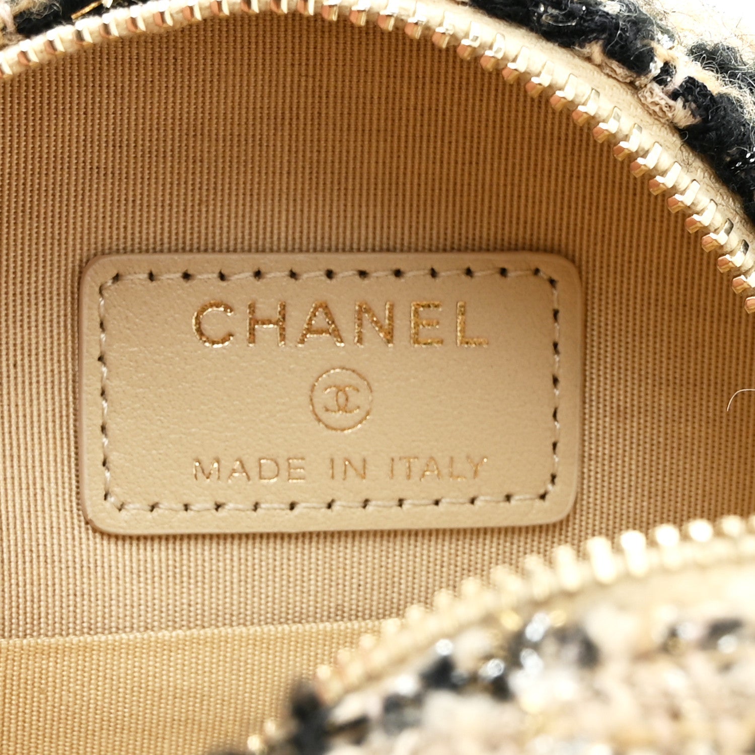 Tweed Shearling Quilted Round Clutch With Chain and Coin Purse Beige Black