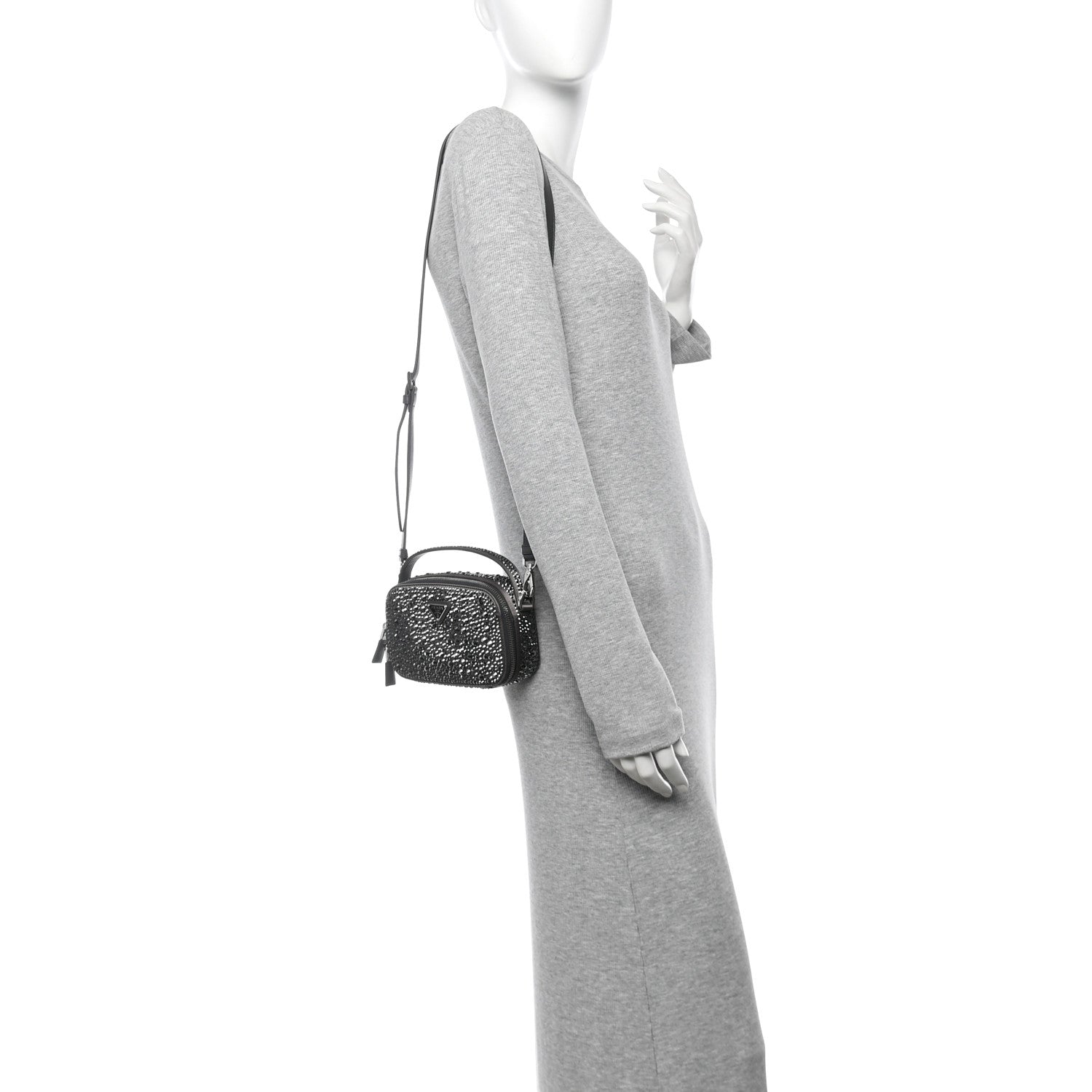 Satin Crystal Metal Triangle Logo Odette Crossbody Fumo