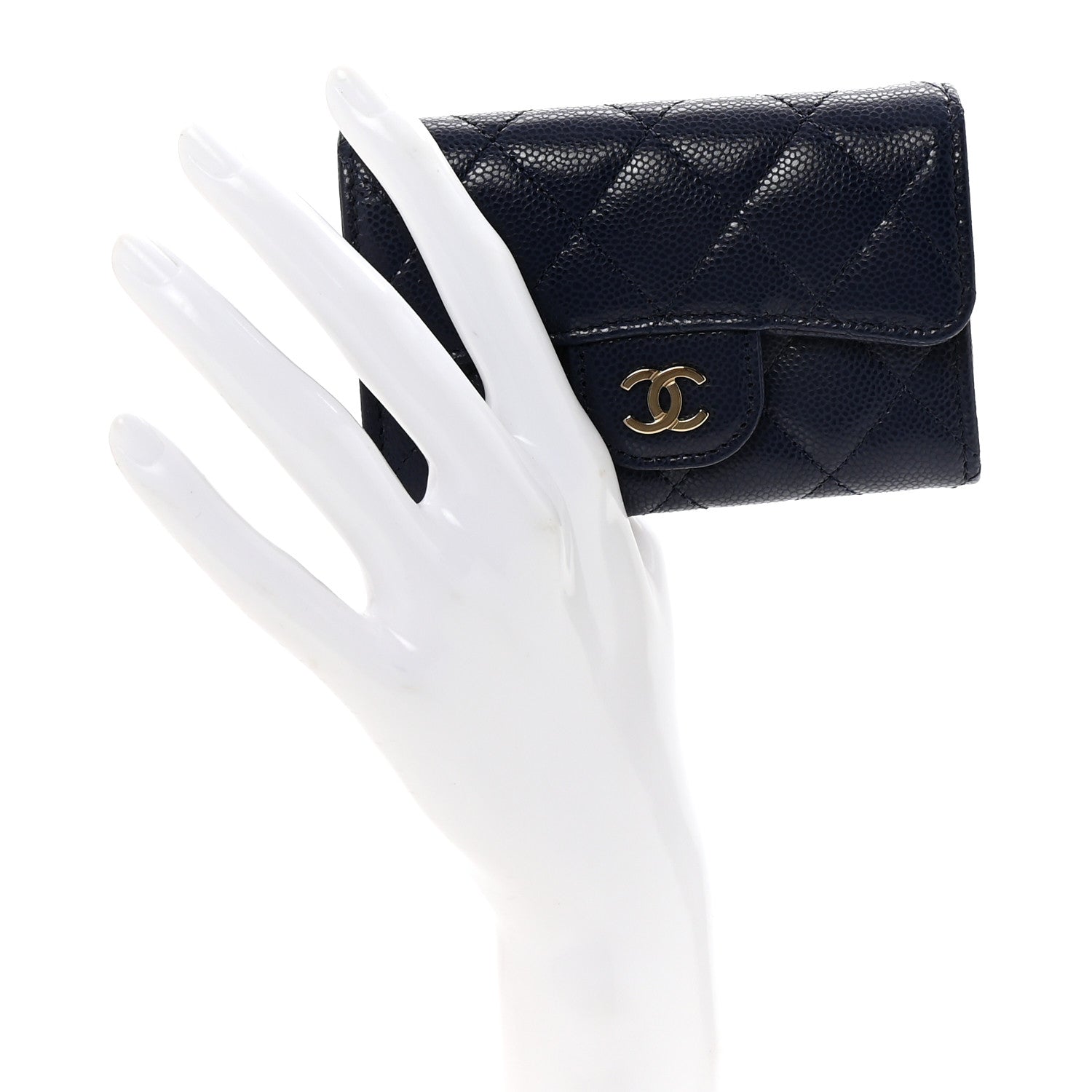 Caviar Quilted Flap Card Holder Wallet Navy Blue