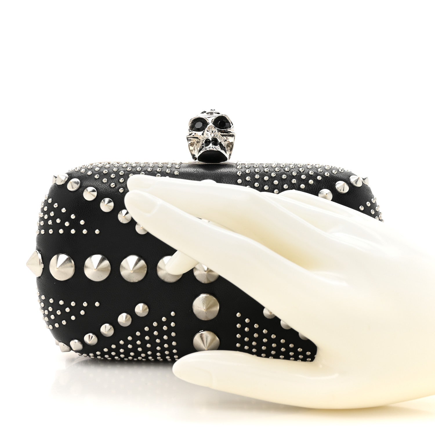 Calfskin Studded Britannia Skull Box Clutch Black
