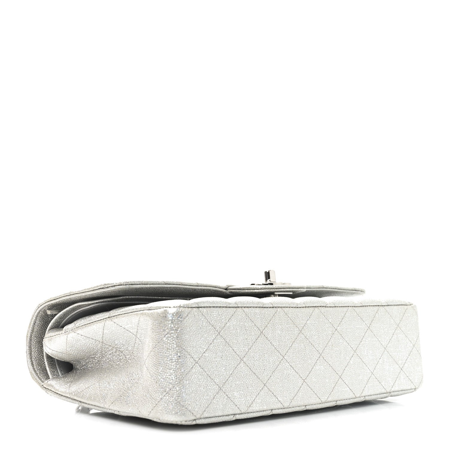 Glittered Metallic Caviar Quilted Medium Double Flap Silver