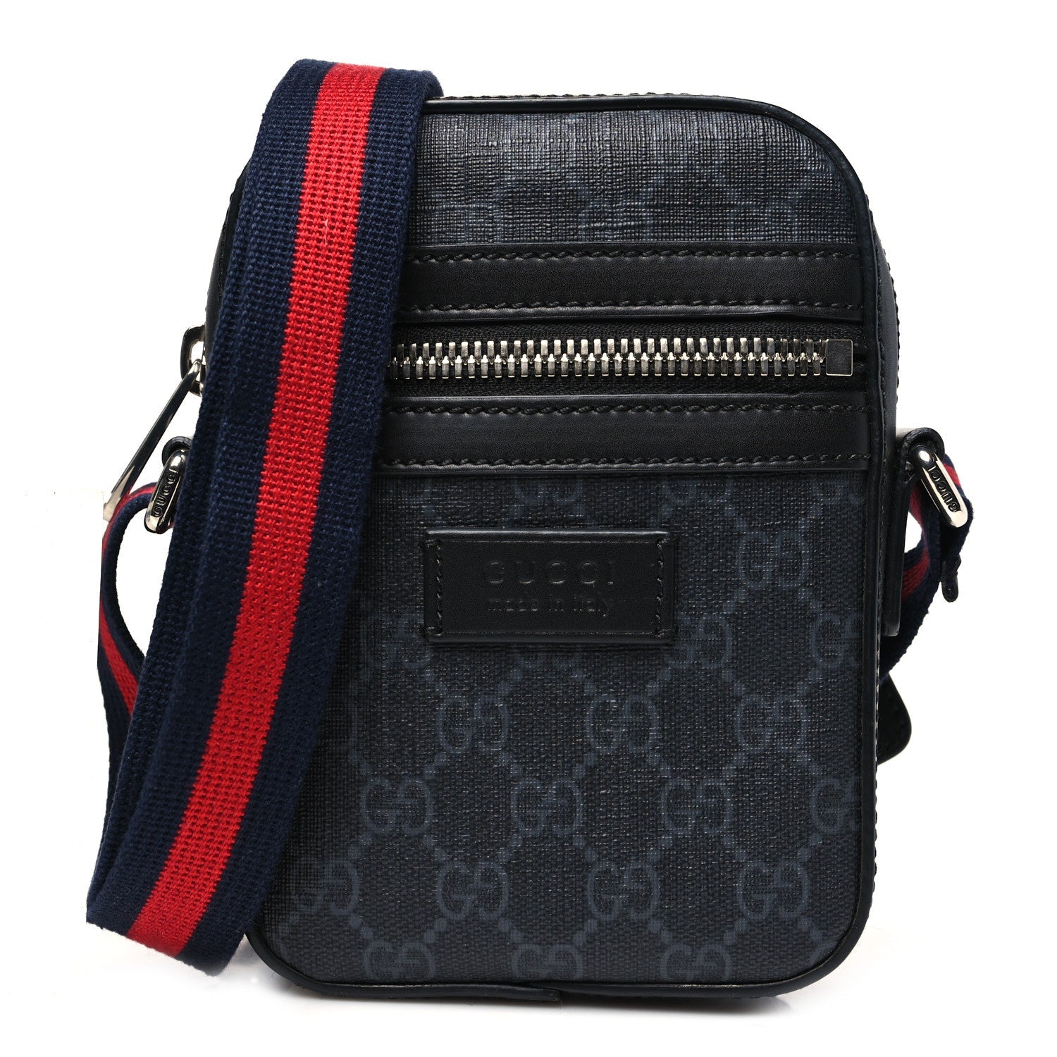 GG Supreme Monogram Appia Calfskin Web Small Camera Messenger Bag Black Grey