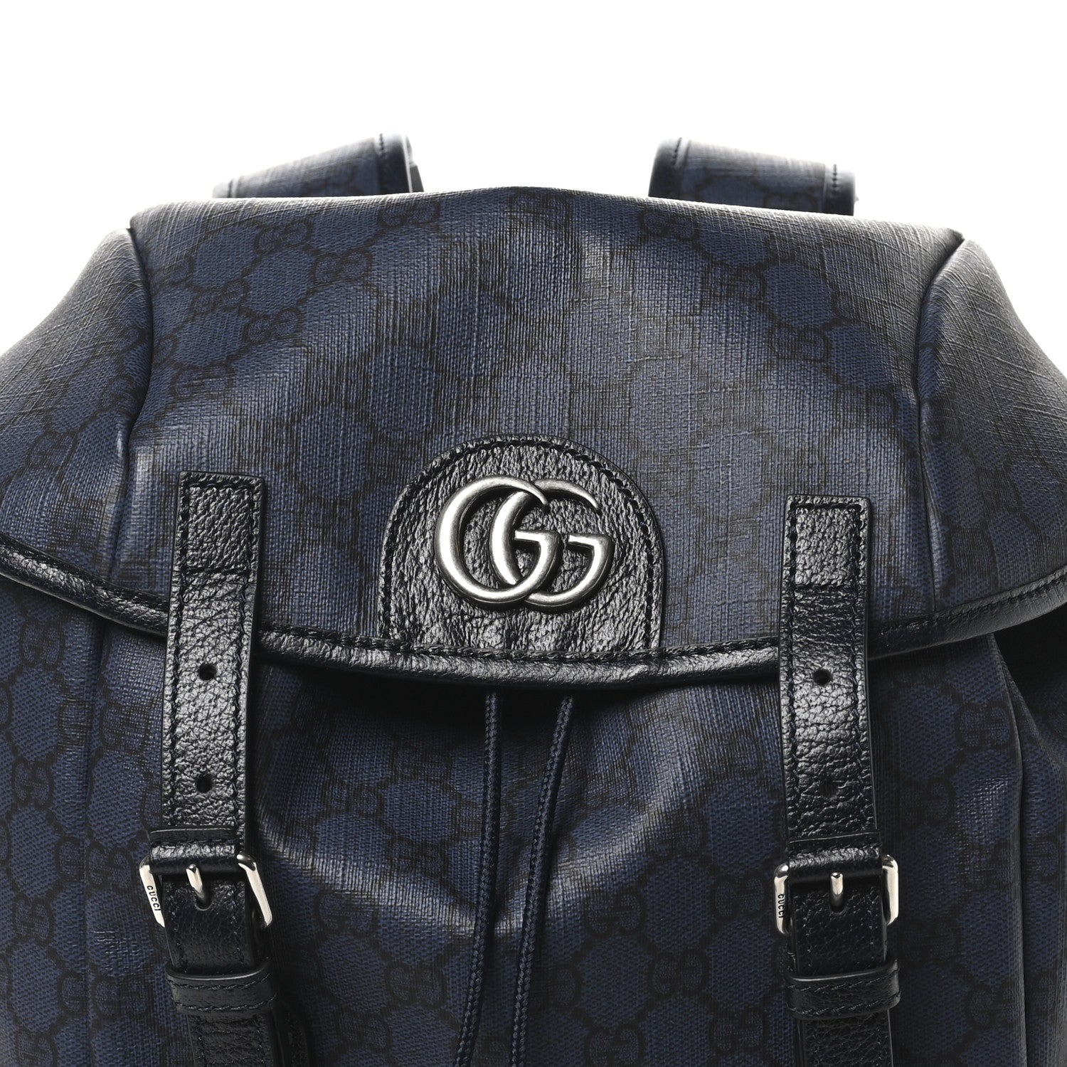 GG Supreme Monogram Textured Dollar Calfskin Medium Ophidia Double Buckle Backpack Blue Dark Blue Black