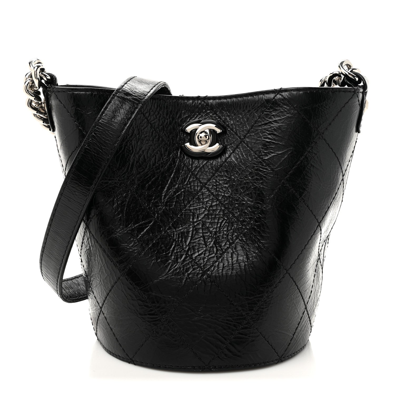 Crumpled Calfskin Quilted Chain Drawstring Bucket Bag Black