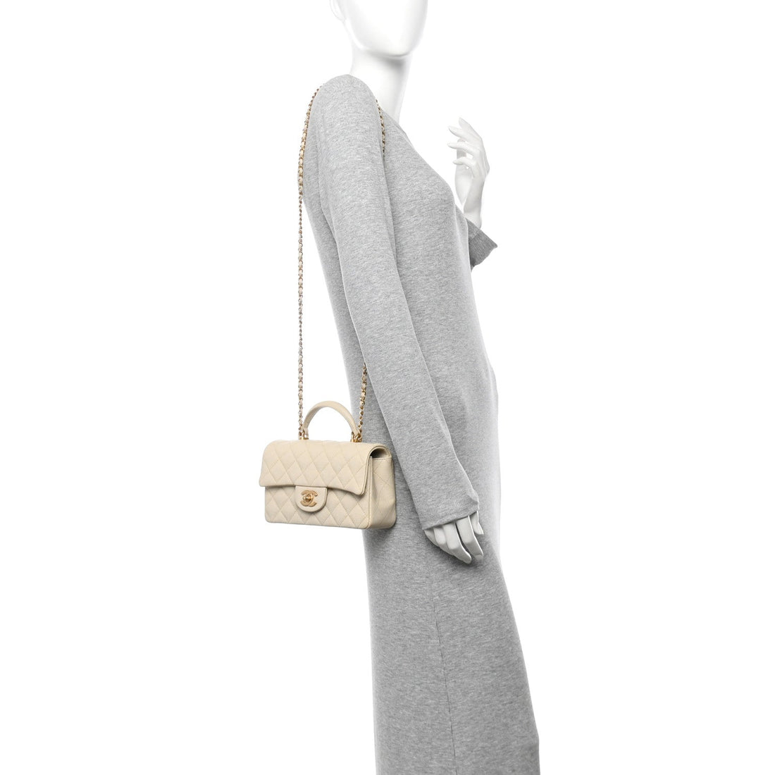 Caviar Quilted Mini Top Handle Rectangular Flap Beige