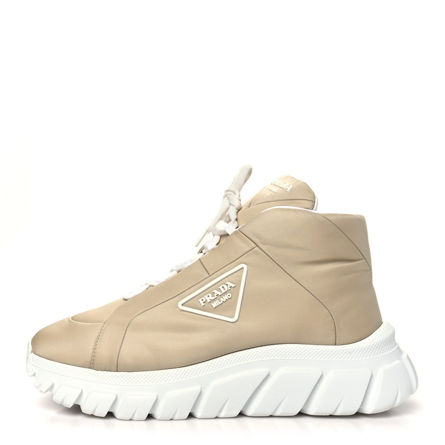 Re-Nylon Gabardine Rubber Triangle Logo Quilted Mens Rush Piuma 50mm Mid Sneakers 39.5 Deserto