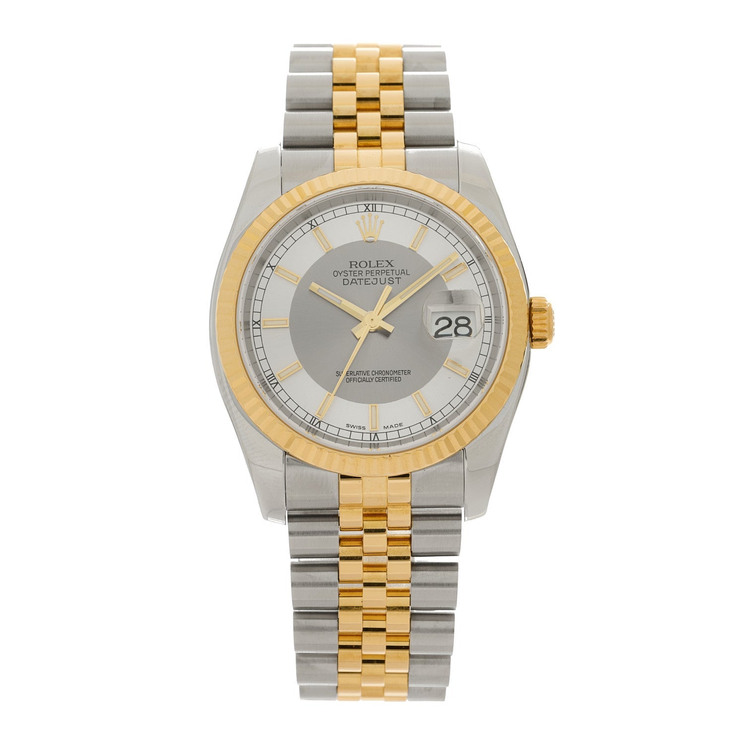 Stainless Steel 18K Yellow Gold 36mm Oyster Perpetual Datejust Watch Silver Texudo 116233