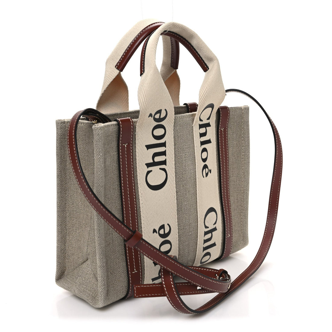 Linen Calfskin Small Woody Ribbon Tote With Strap White Brown