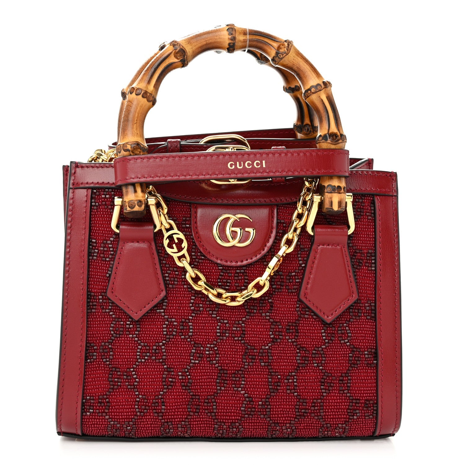 New Canvas Charisma Calfskin Crystal GG Monogram Mini Diana Tote Bag New Cherry Red