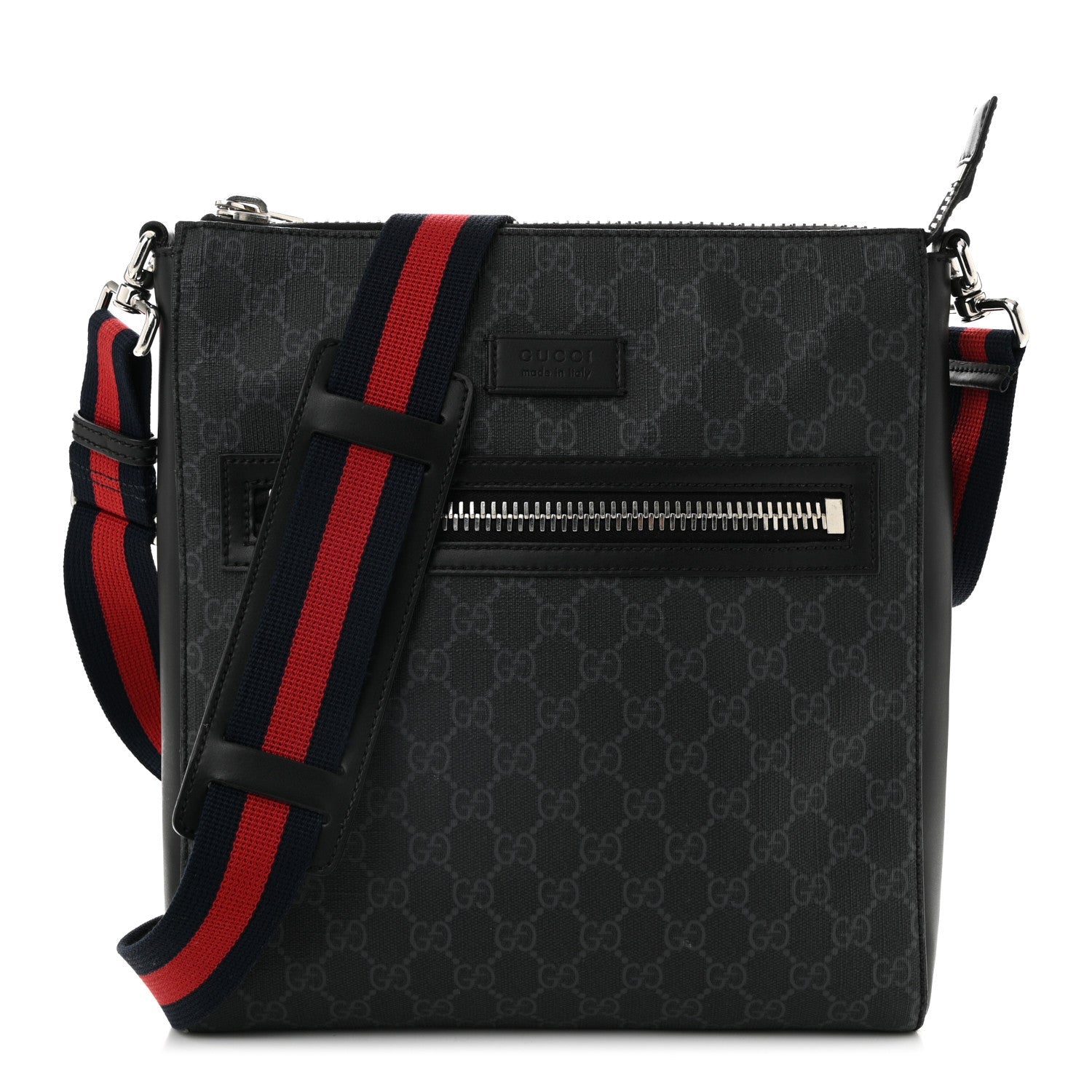 GG Supreme Monogram Appia Calfskin Web Flat Messenger Bag Black Grey