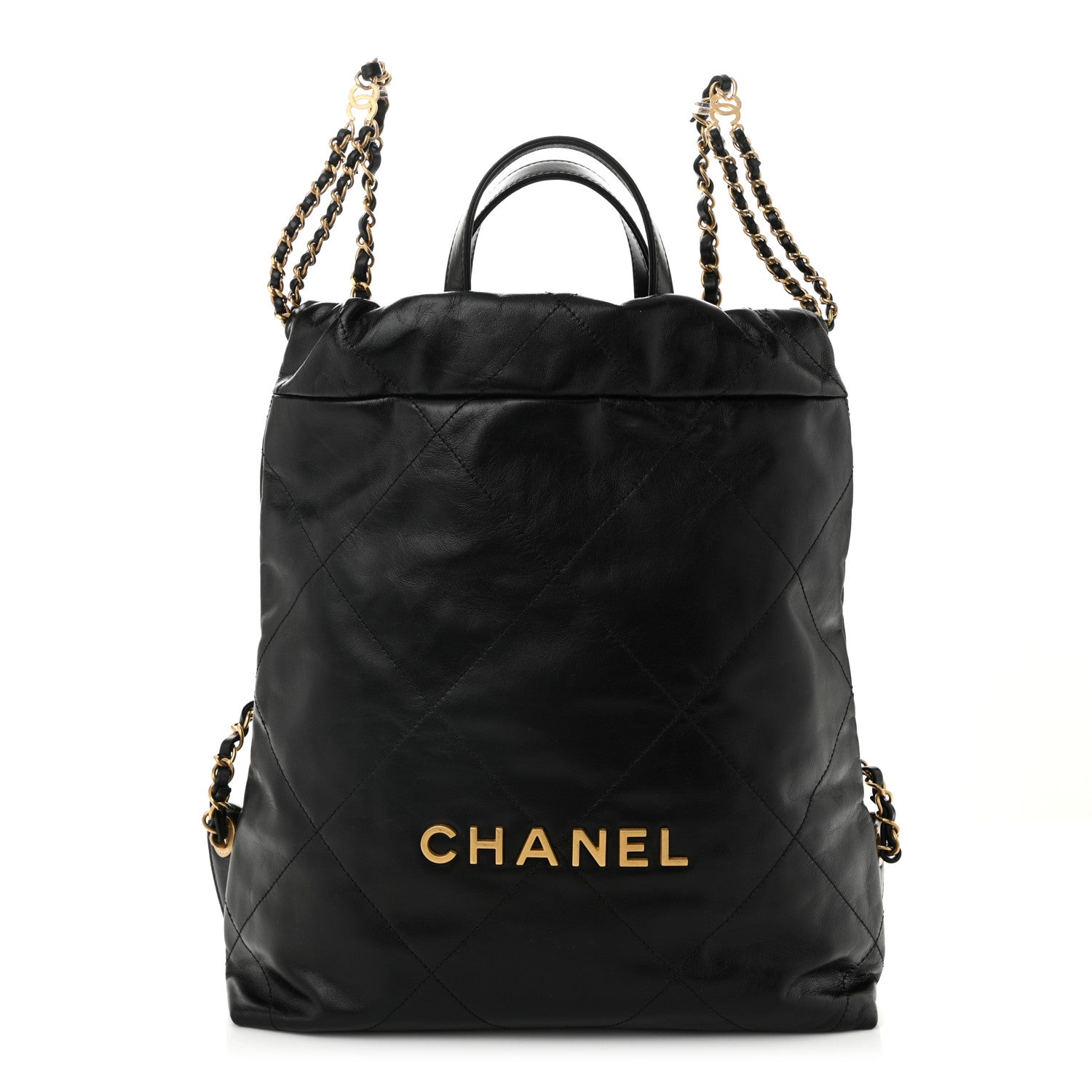 Shiny Calfskin Quilted Chanel 22 Backpack Black