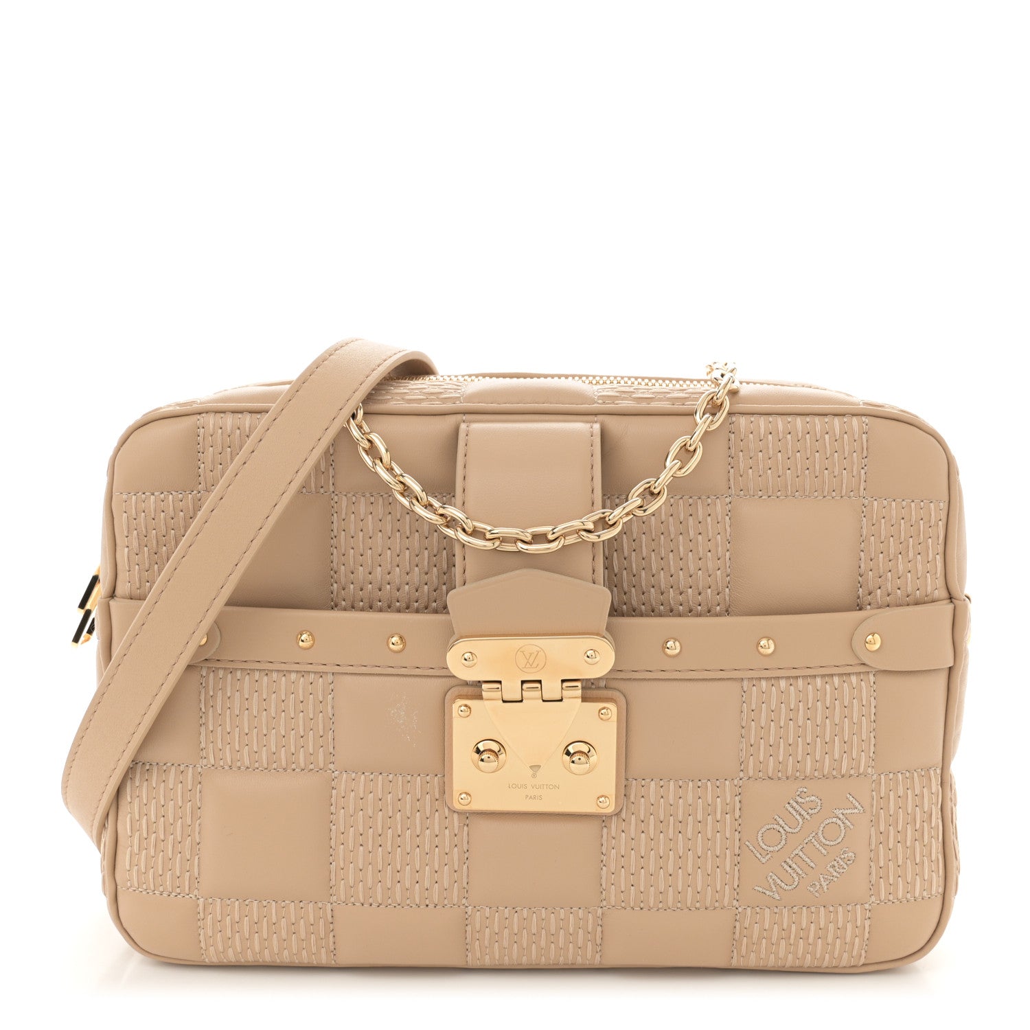 Lambskin Damier Quilt Troca MM Cashmere Beige