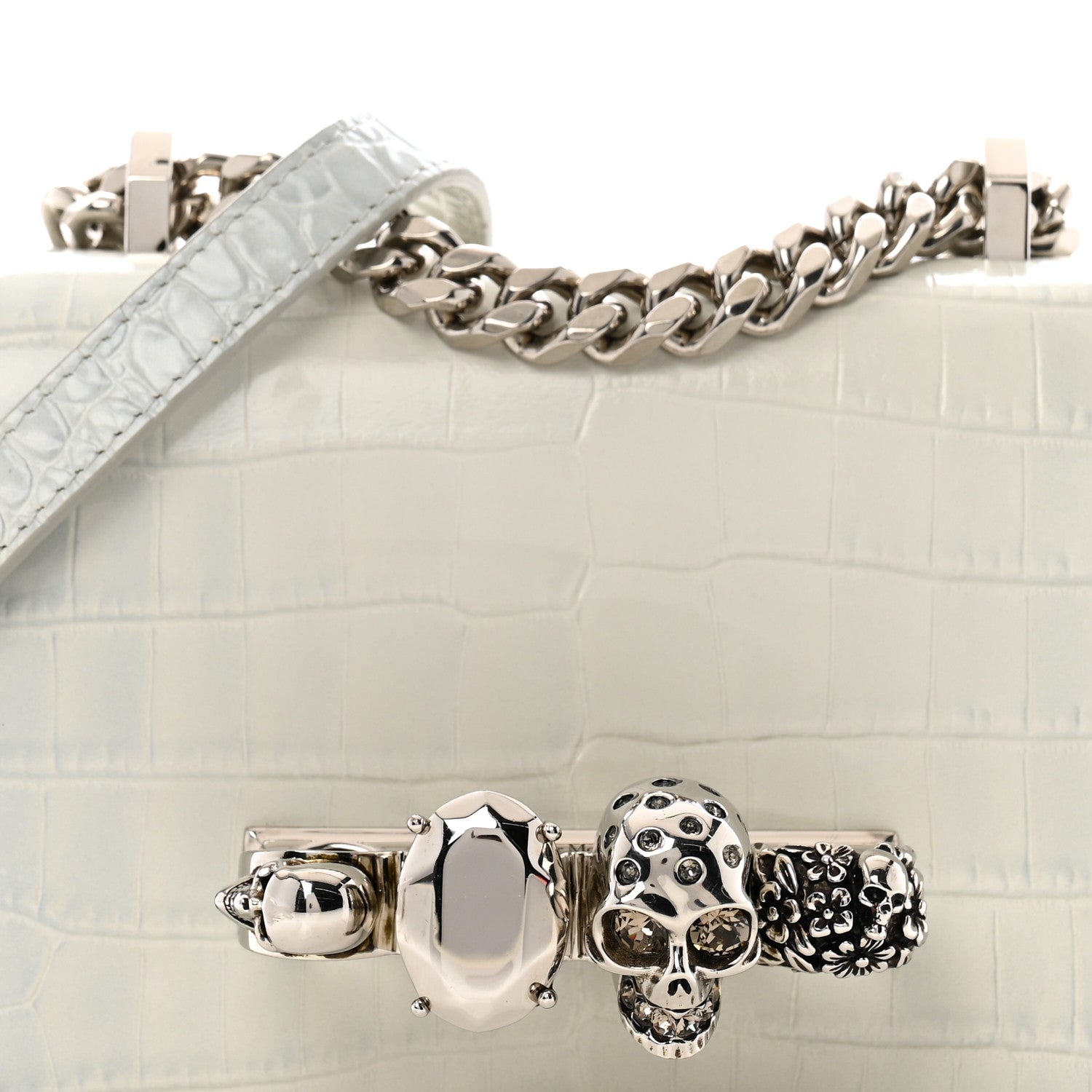 Calfskin Shiny Crocodile Embossed Mini Ombrè Jeweled Satchel Ivory Grey