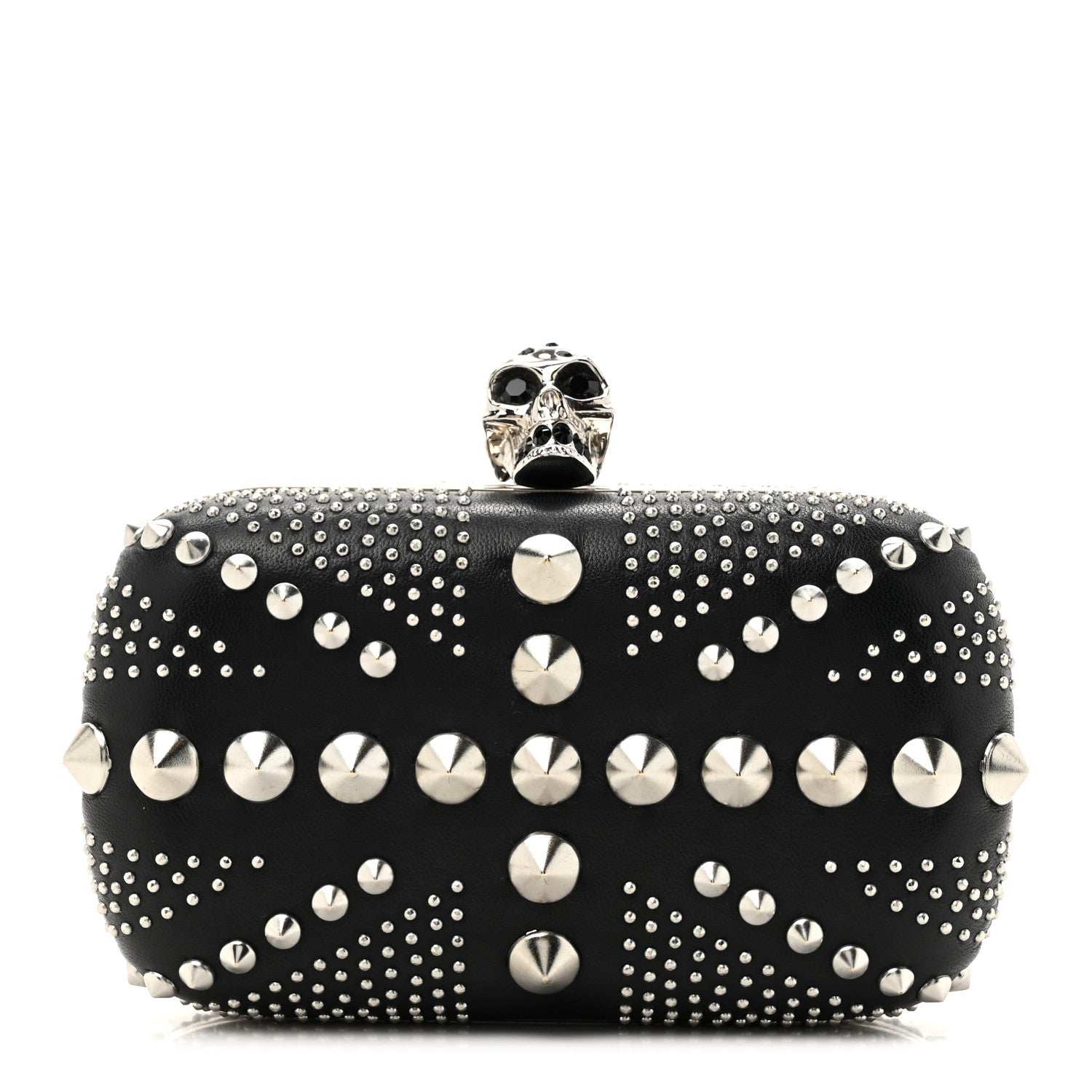Calfskin Studded Britannia Skull Box Clutch Black