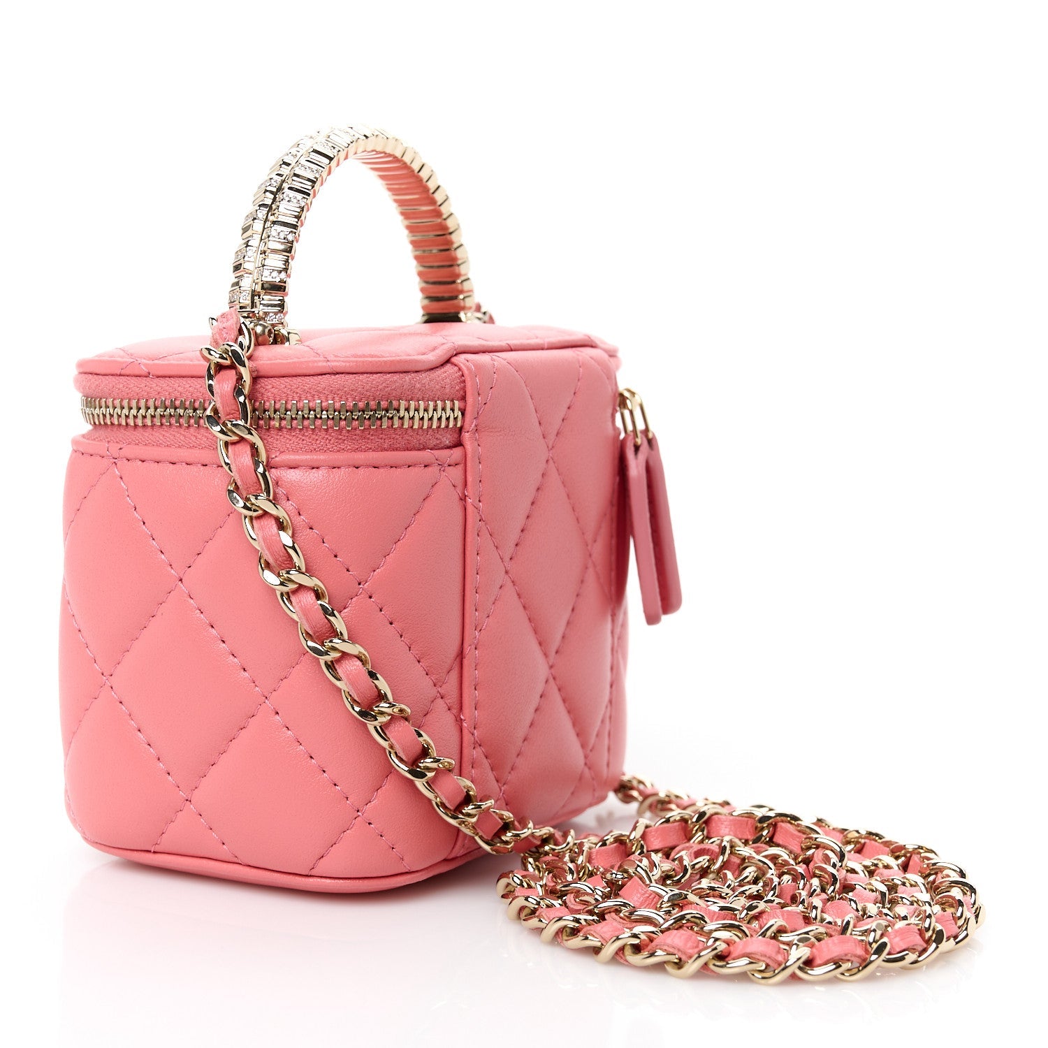 Lambskin Quilted Crystal Top Handle Mini Vanity Case With Chain Coral