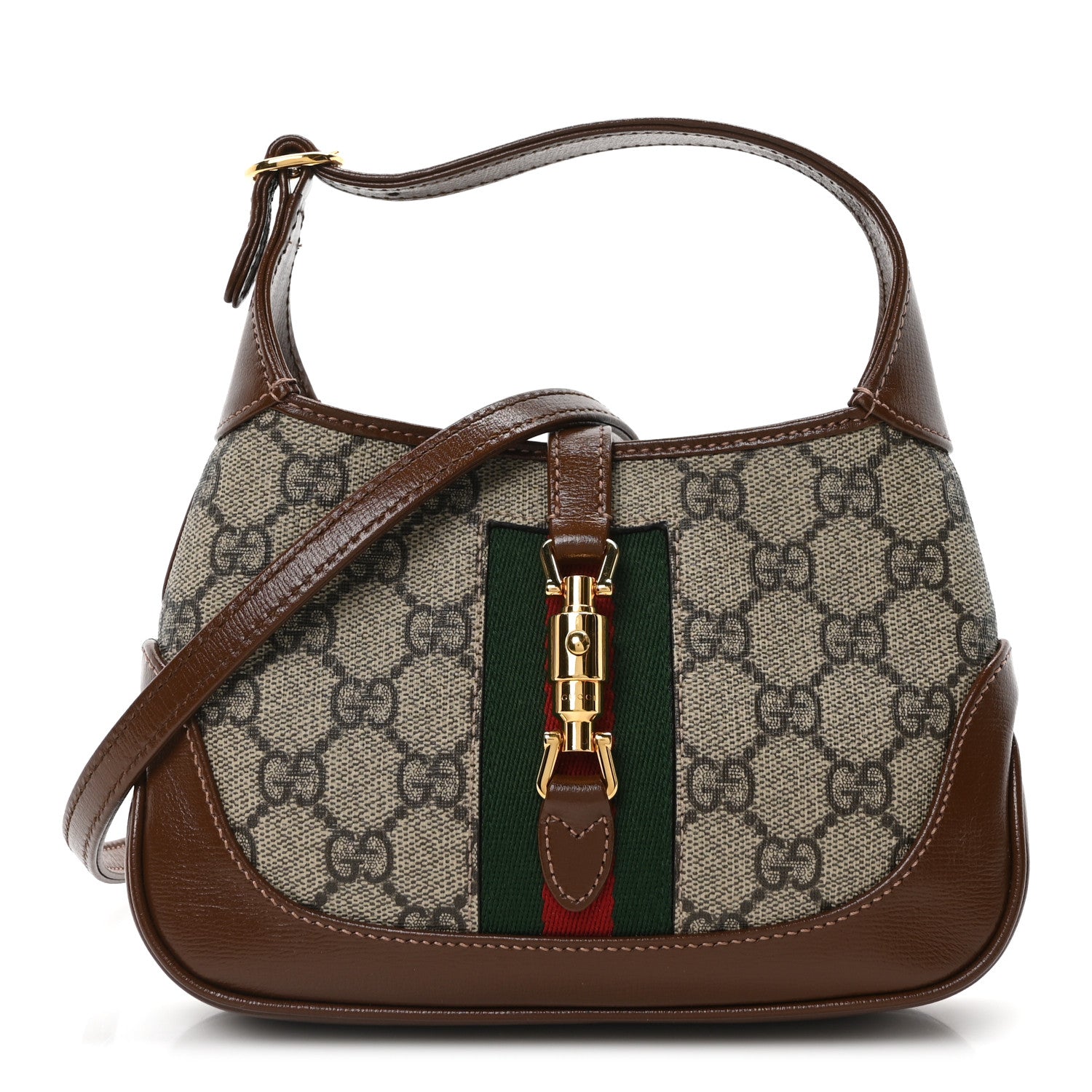 GG Supreme Monogram Azalea Calfskin Web Mini Jackie 1961 Hobo Beige Ebony Brown Sugar