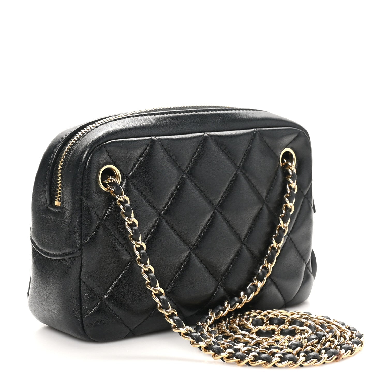 Shiny Lambskin Quilted Mini Camera Case Black