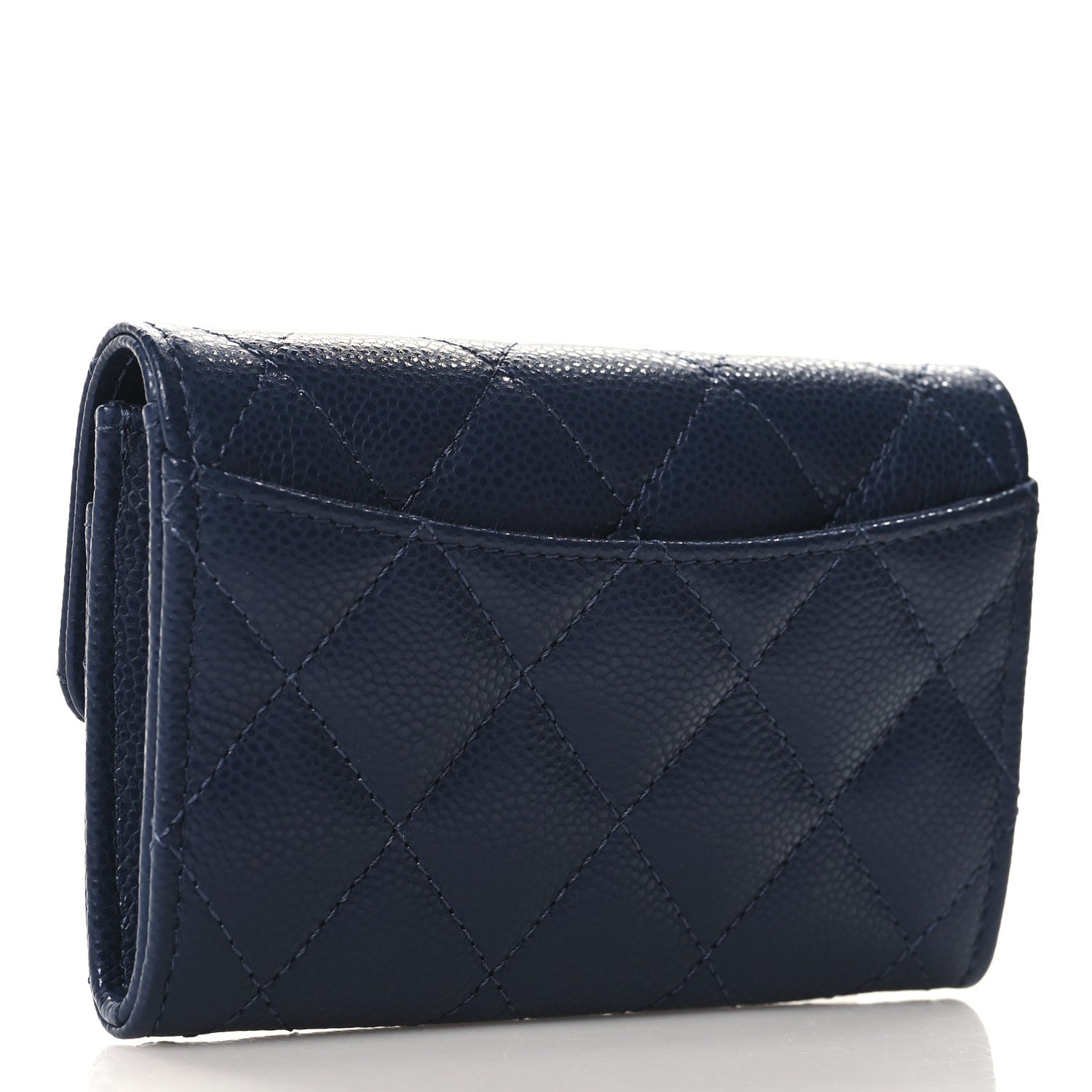 Caviar Quilted Flap Card Holder Wallet Navy Blue
