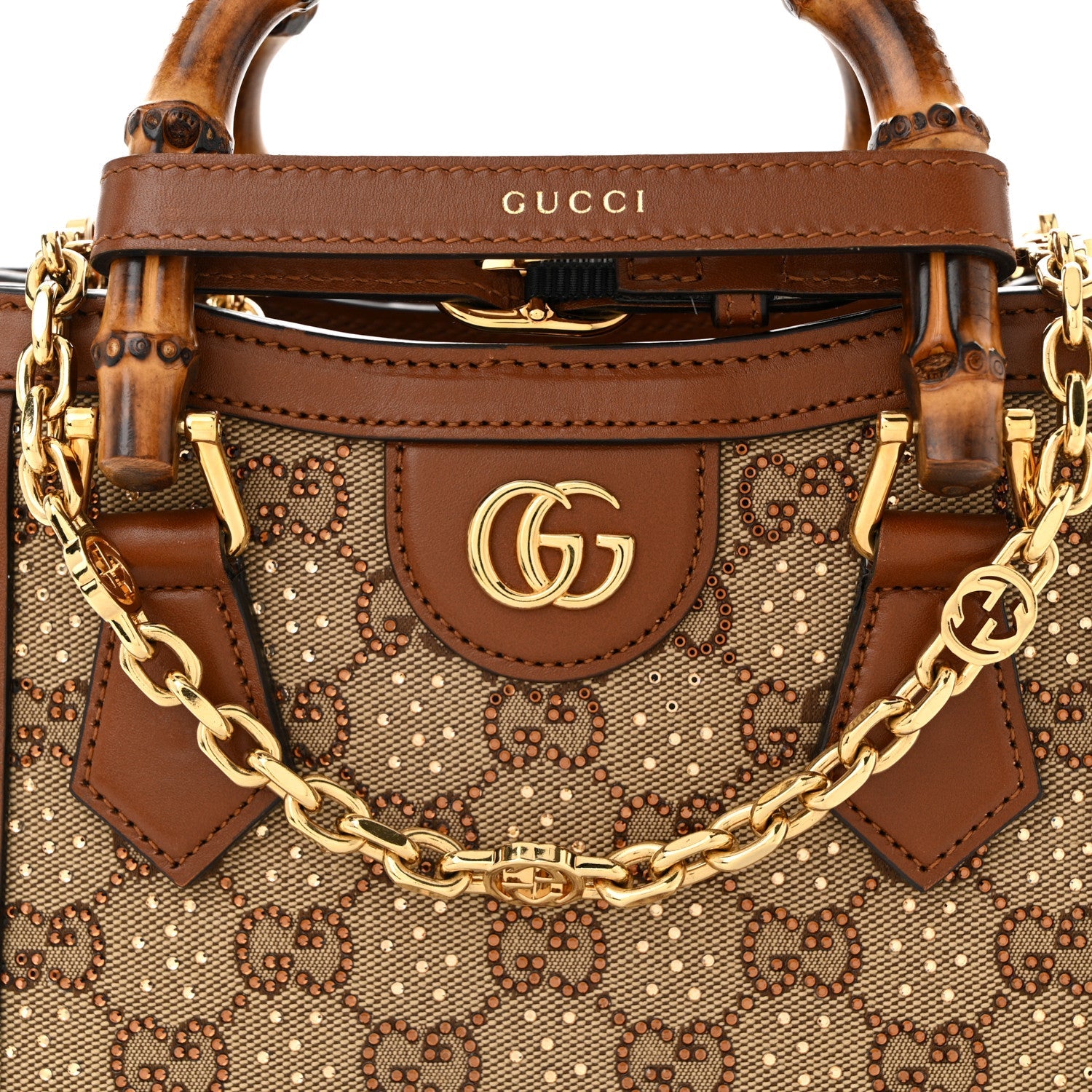 New Canvas Charisma Calfskin Crystal GG Monogram Mini Diana Tote Bag Camel Ebony