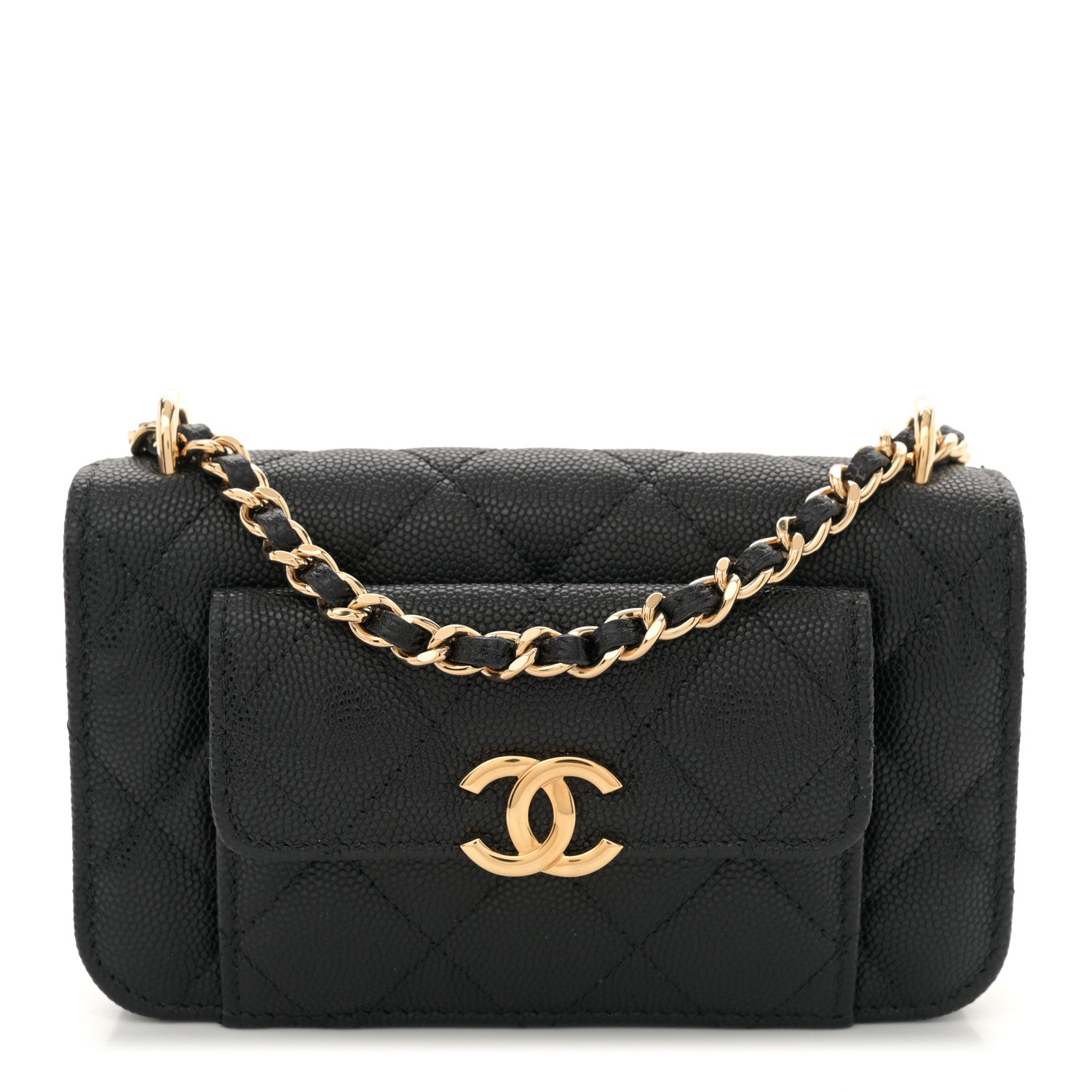 Caviar Quilted Pocket Twins Clutch With Chain Black