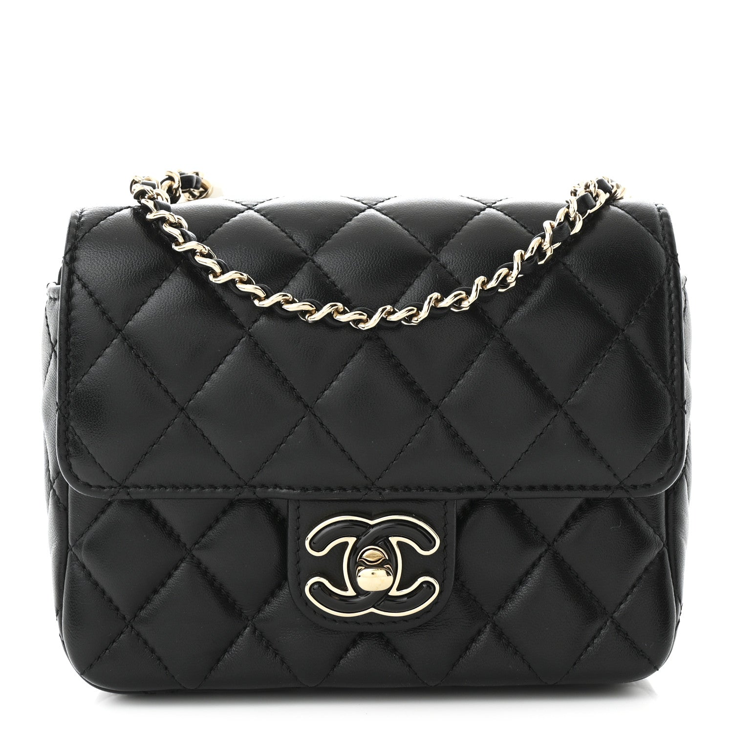 Lambskin Resin Quilted Mini Heart Square Flap Black