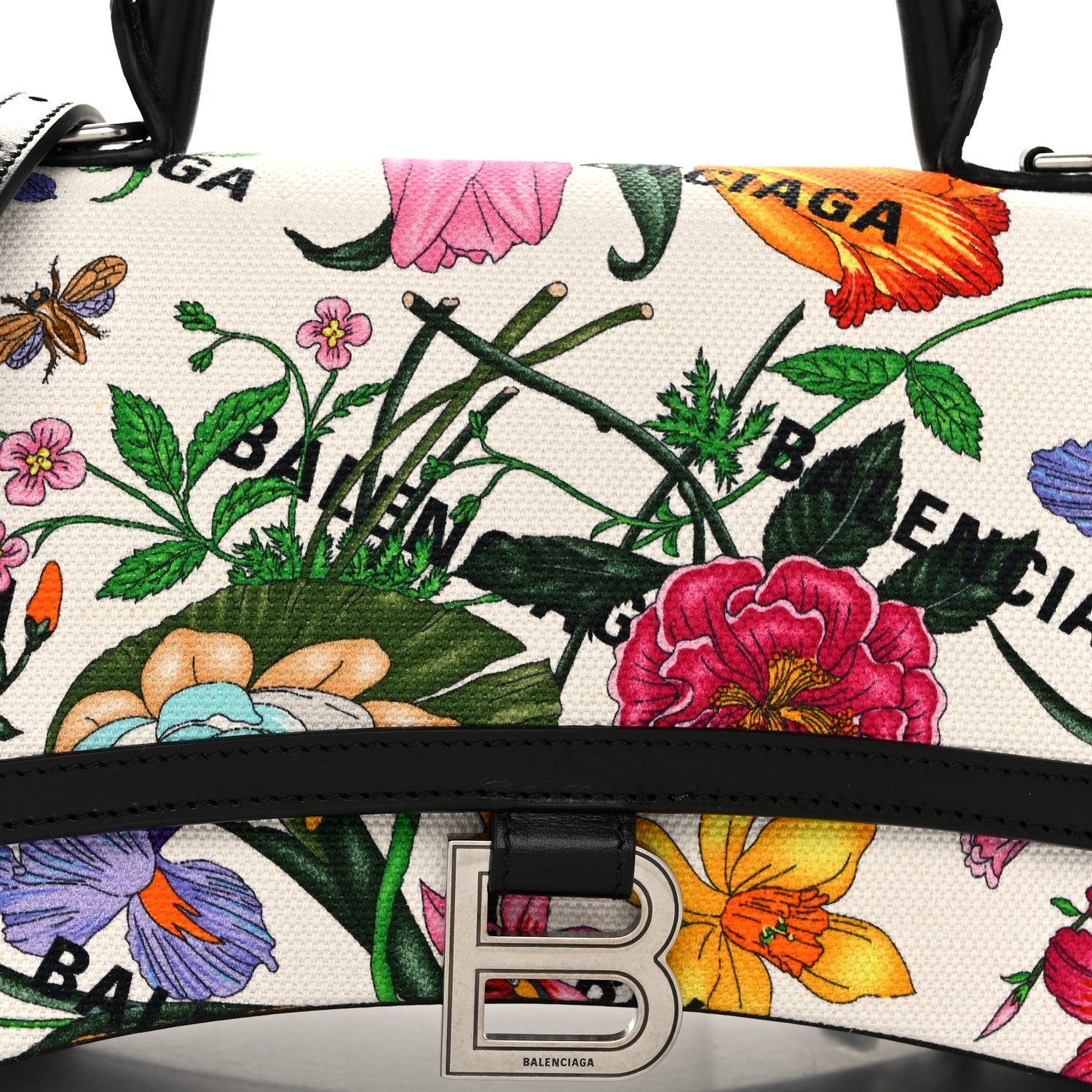 X GUCCI Canvas Boarded Plutone Calfskin Flora Logo Print Small Hourglass Top Handle Bag White Multicolor Black