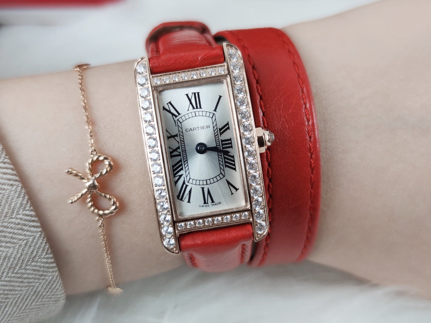 TANK AMERICAINE QUARTZ ROSE GOLD DIAMOND BEZEL SILVER DIAL