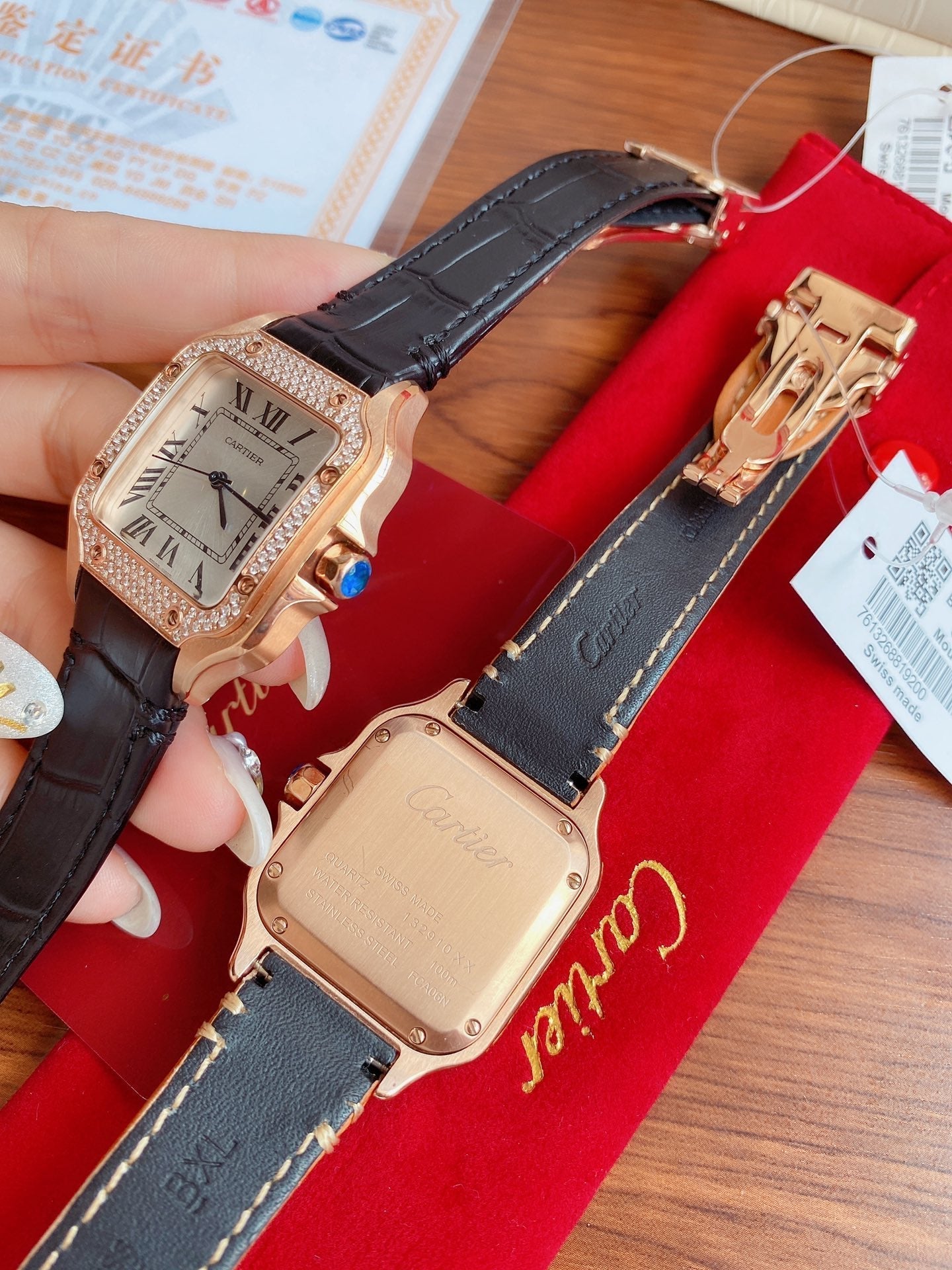 SANTOS LADY 35MM QUARTZ ROSE GOLD CASE DIAMOND BEZEL LEATHER