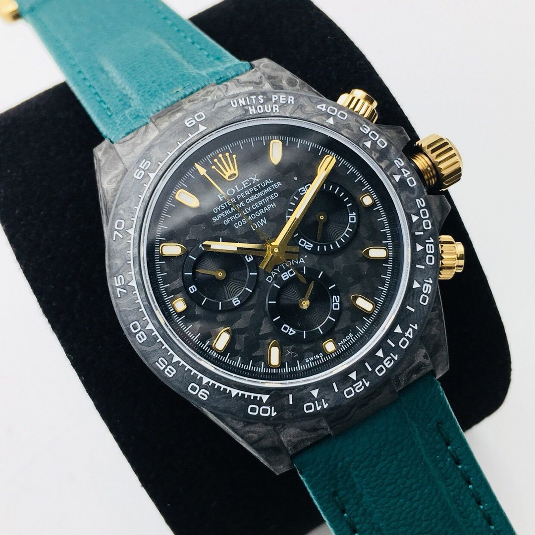 DAYTONA 40MM CUSTOM CARBON FILBER BLACK DIAL NAVY LEATHER