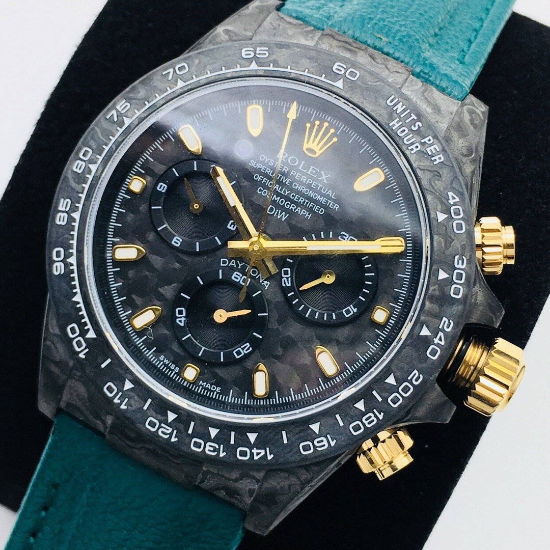 DAYTONA 40MM CUSTOM CARBON FILBER BLACK DIAL NAVY LEATHER