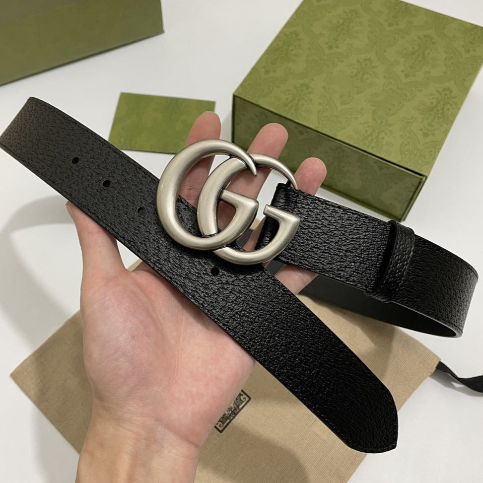 DOUBLE G SILVER BUCKLE 40MM BLACK LEATHER