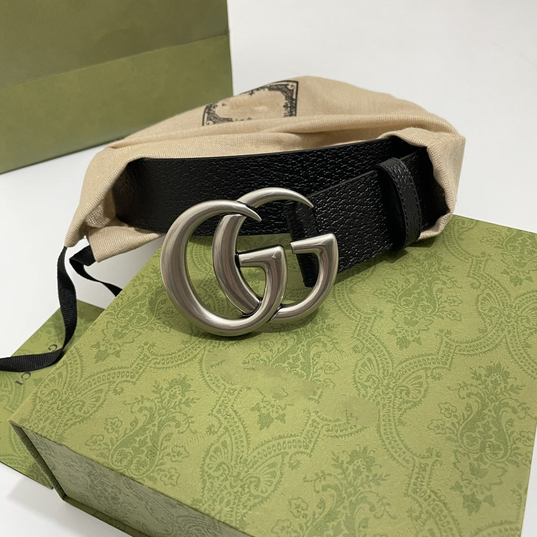 DOUBLE G SILVER BUCKLE 40MM BLACK LEATHER