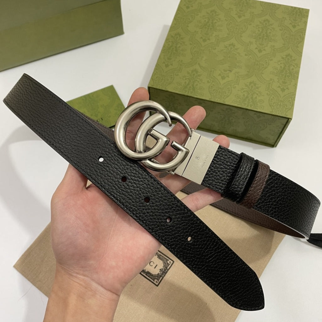 DOUBLE G SILVER BUCKLE 38MM BLACK BROWN LEATHER
