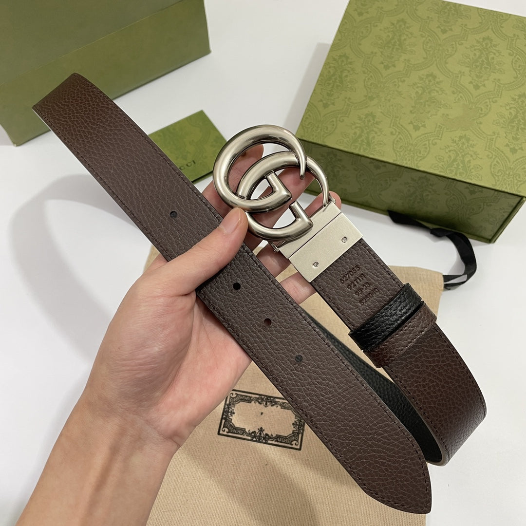 DOUBLE G SILVER BUCKLE 38MM BLACK BROWN LEATHER