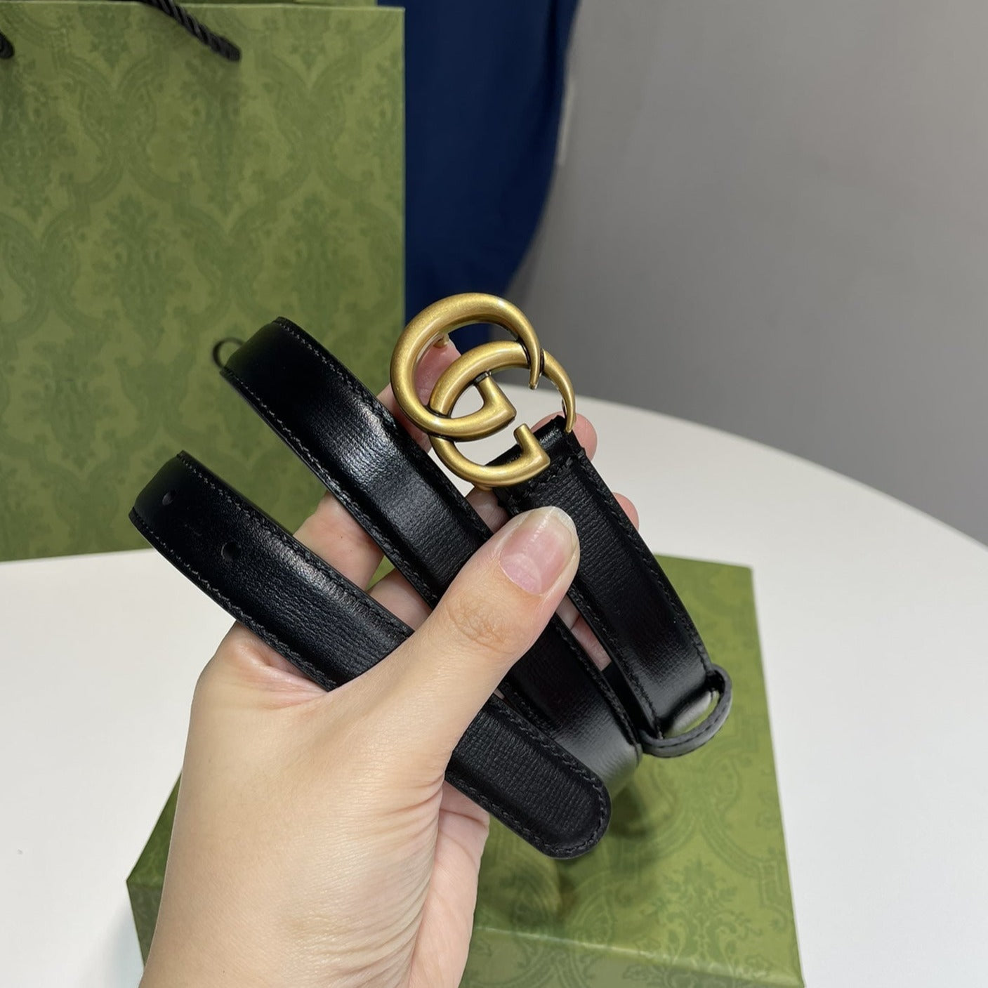 GG BELT DOUBLE G GOLD BUCKLE 20MM BLACK LEATHER