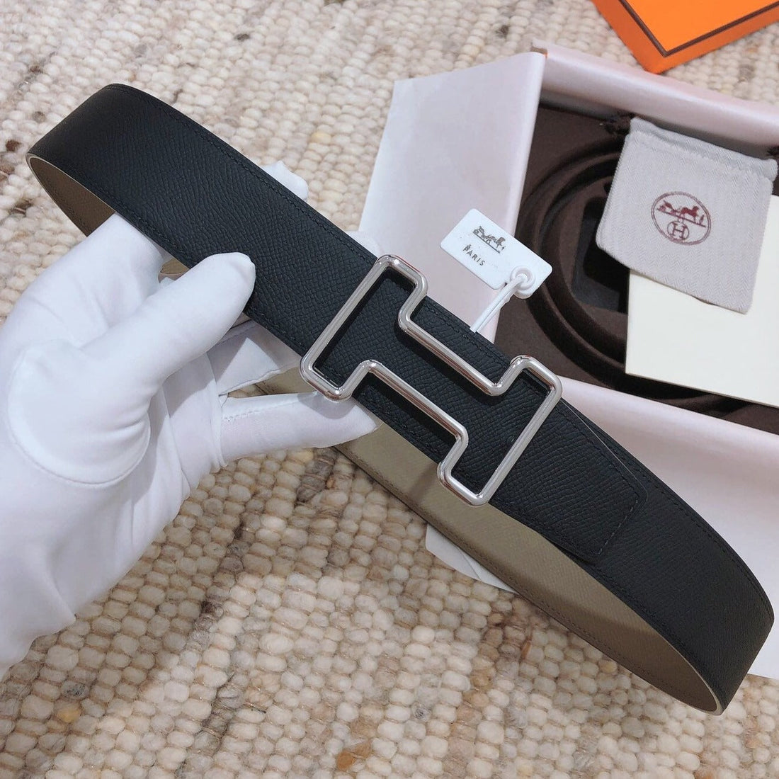 H TONIGHT BELT 38MM GOLD PRUSSIAN BLUE LEATHER