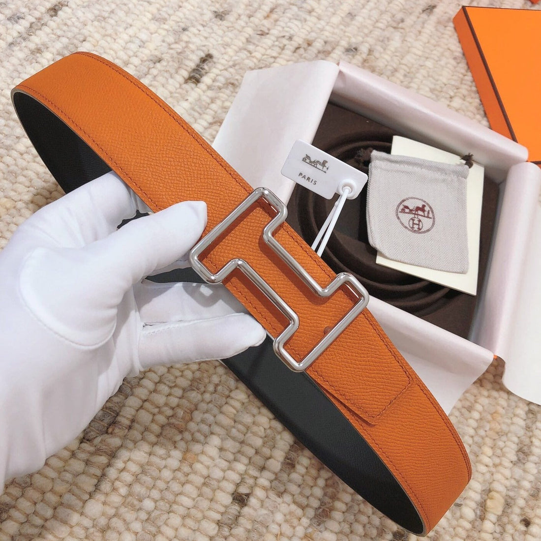 H TONIGHT BELT 38MM ORANGE BLACK LEATHER