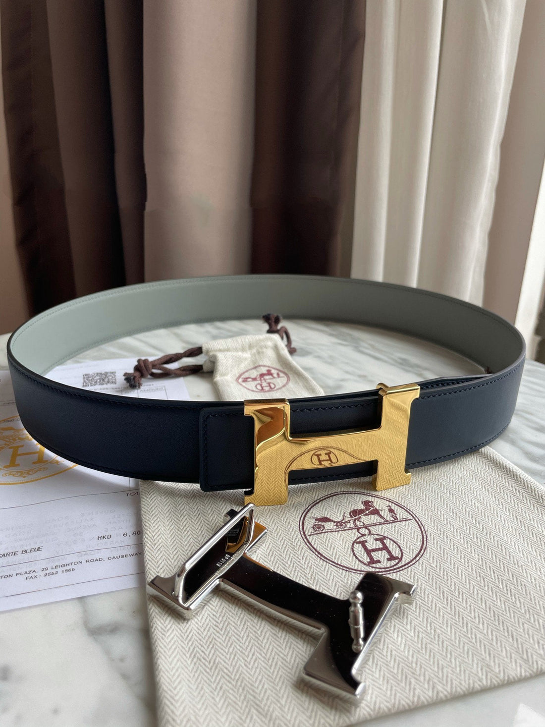 H CONSTANCE BELT 38MM GOLD BUCKLE PRUSSIAN BLUE SKY BLUE LEATHER