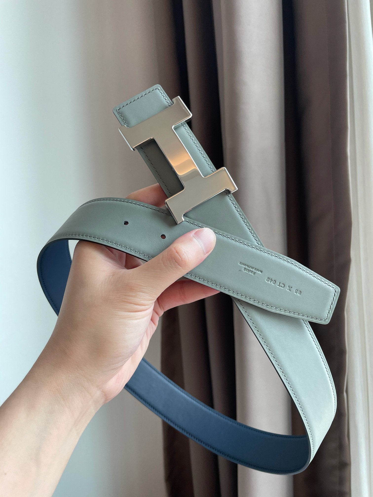 H CONSTANCE BELT 38MM SILVER BUCKLE PRUSSIAN BLUE SKY BLUE LEATHER