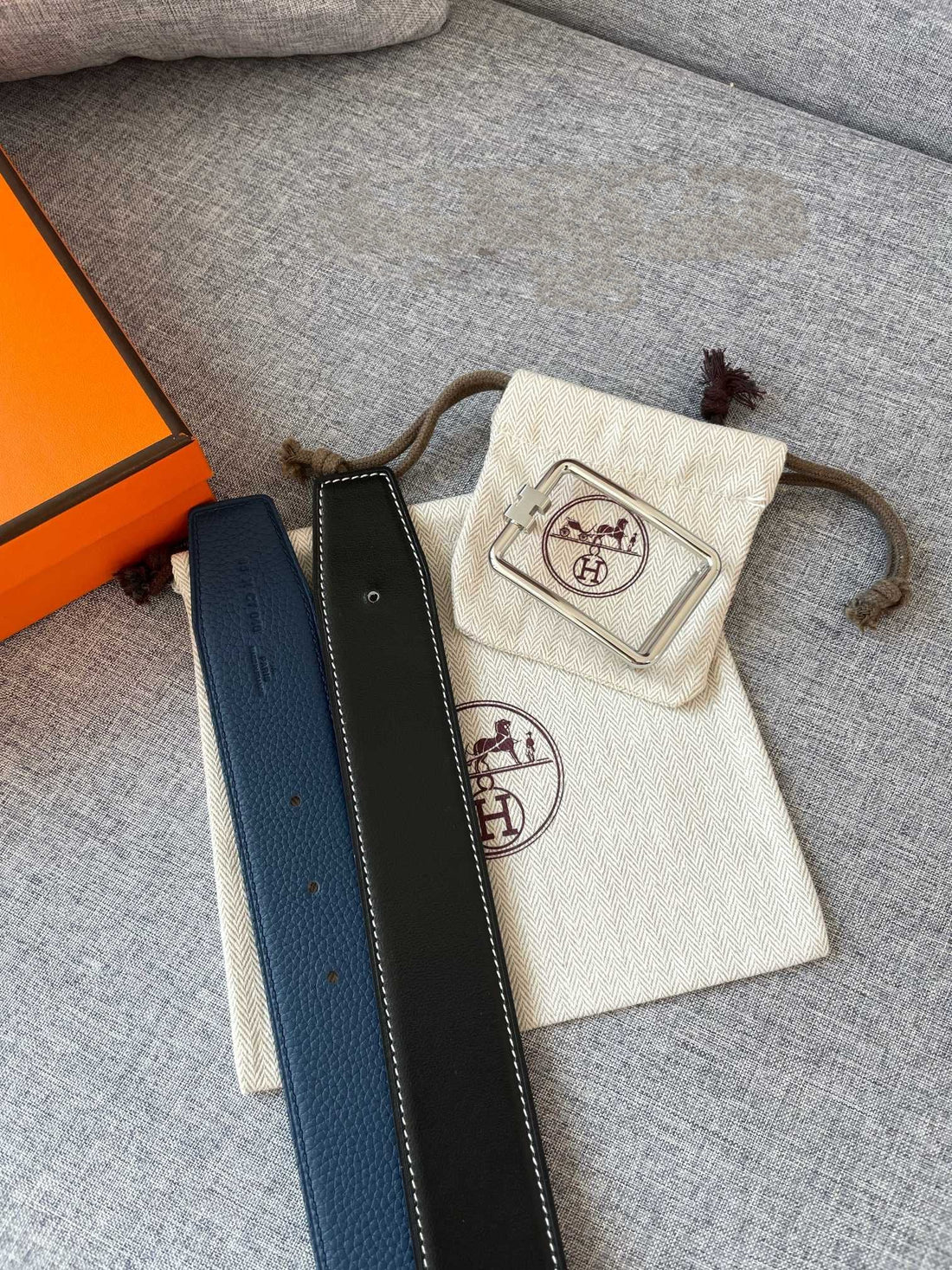 H TUBE BELT 38MM SILVER BUCKLE BLUE BLACK LEATHER