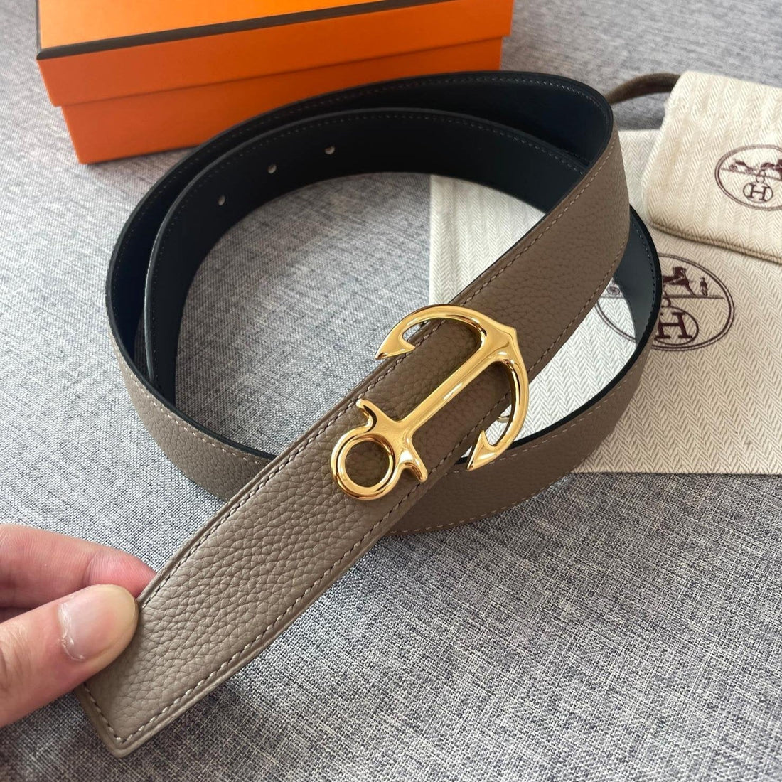 H CARGO BELT 32MM TIN GREY BLACK LEATHER