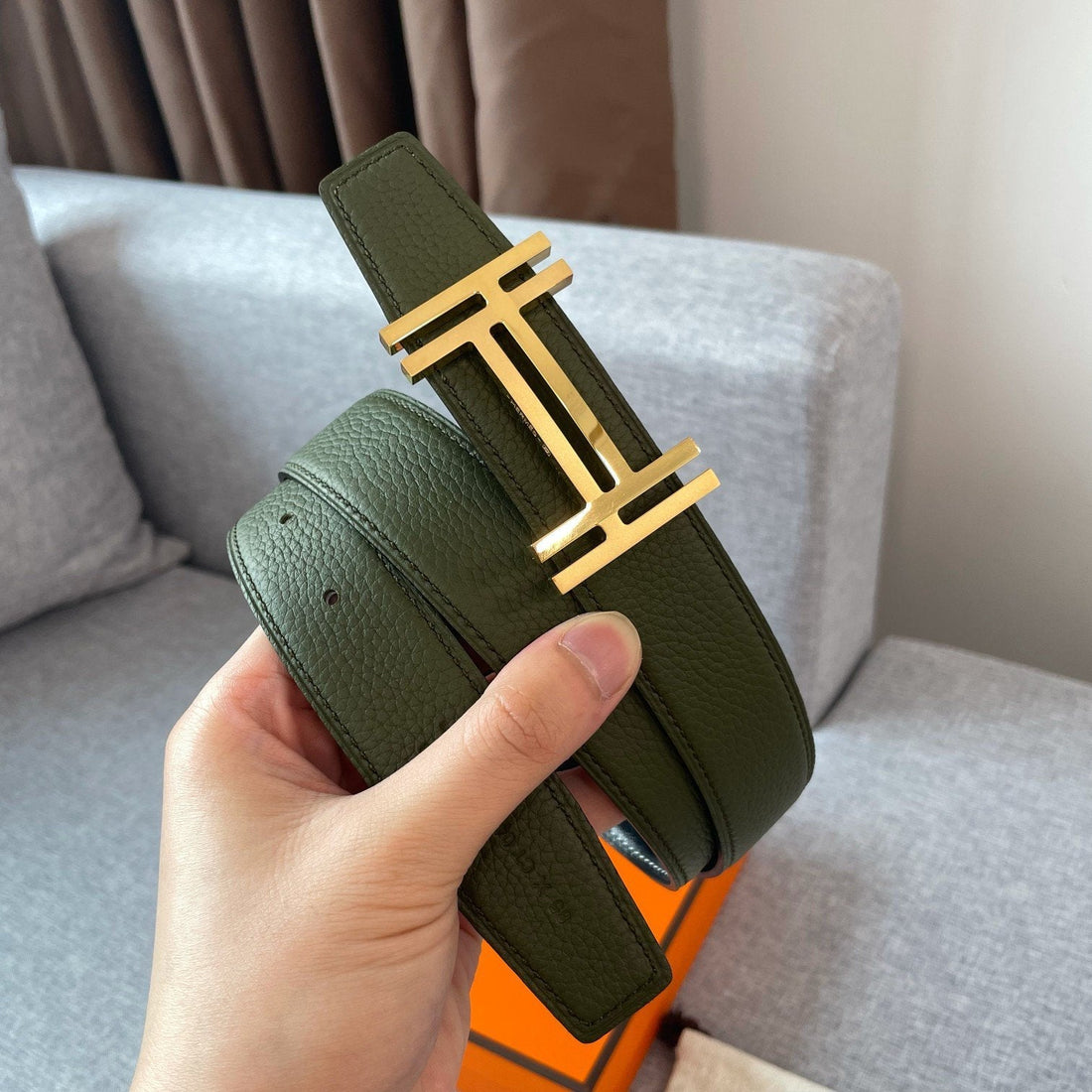 DOUBLE H REVERSIBLE BELT 32MM GOLD BUCKLE BLACK DARK GREEN LEATHER