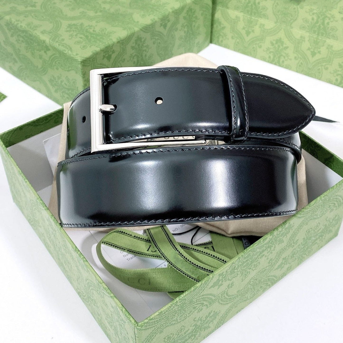 G BELT SILVER SQUARE INSTALL BUCKLE BLACK LEATHER 4.0CM