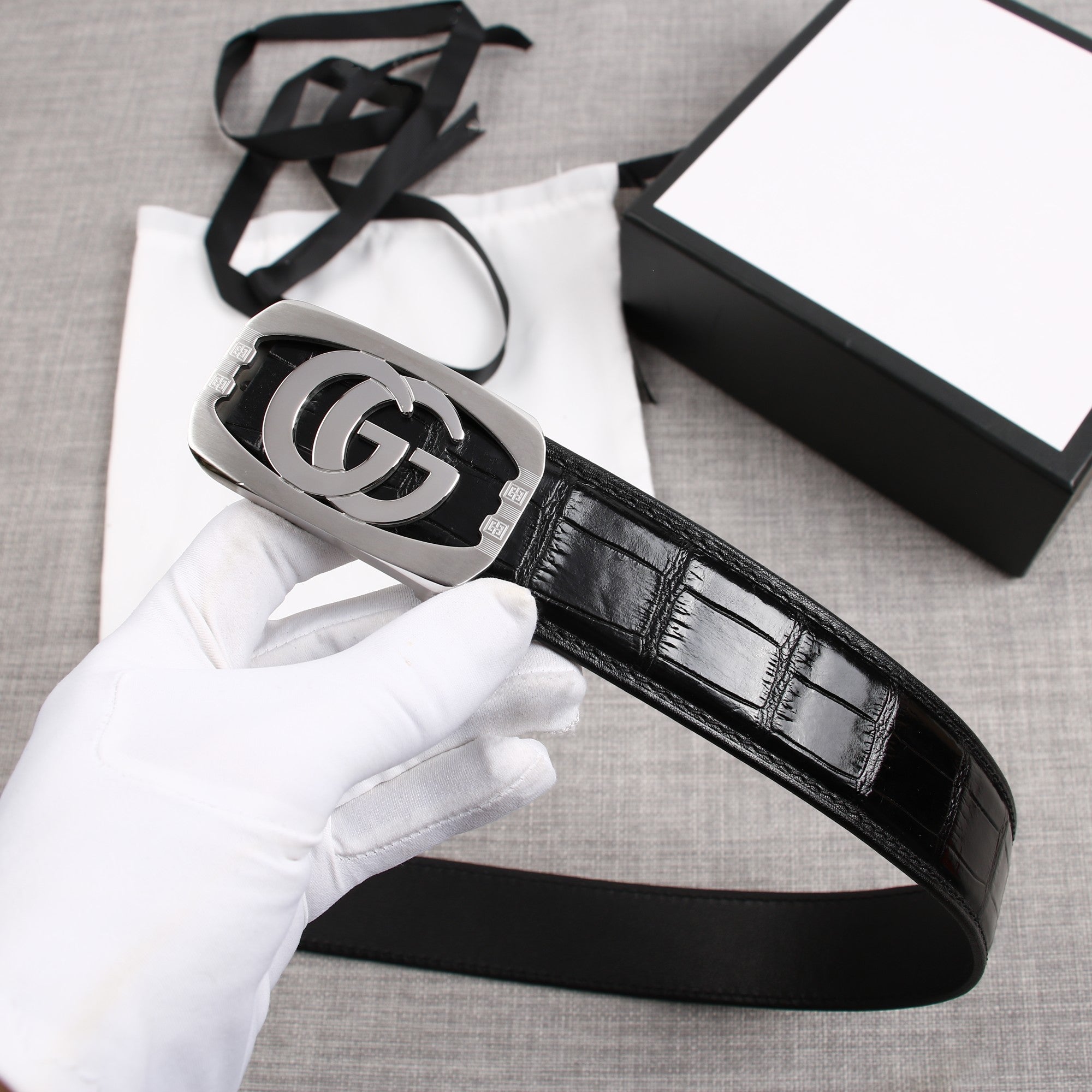 G BELT SILVER BUCKLE CROCODILE POLISHED BLACK  3.8CM