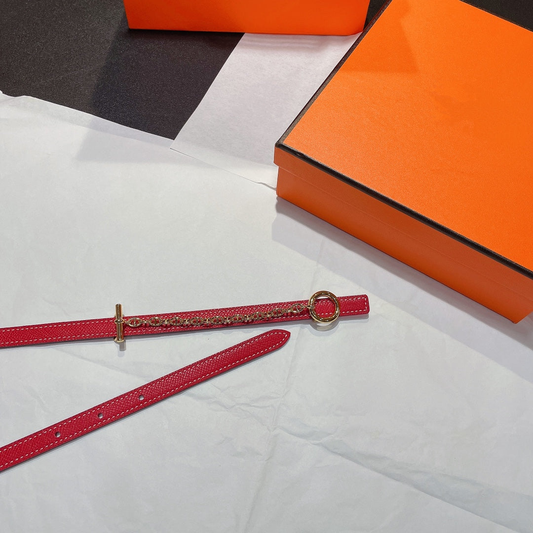 H GOLD BUCKLE WOMEN'S BELT WITH PINK RED LEATHER STRAP 1.3CM