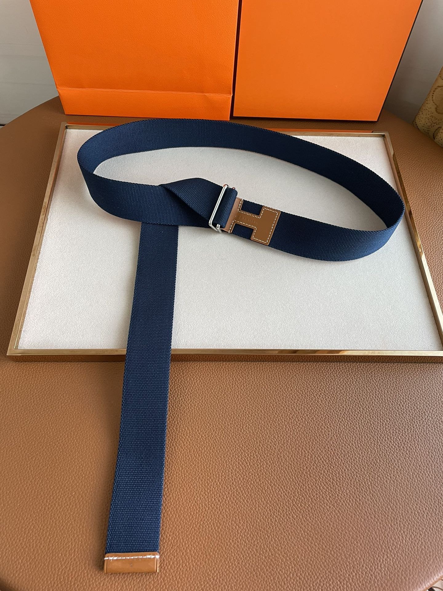 4.0CM BLUE TEXTILE  BROWN LEATHER H BELT