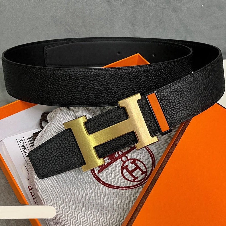 H BELT GOLD BUCKLE 38 MM SMOOTH BLACK LEATHER