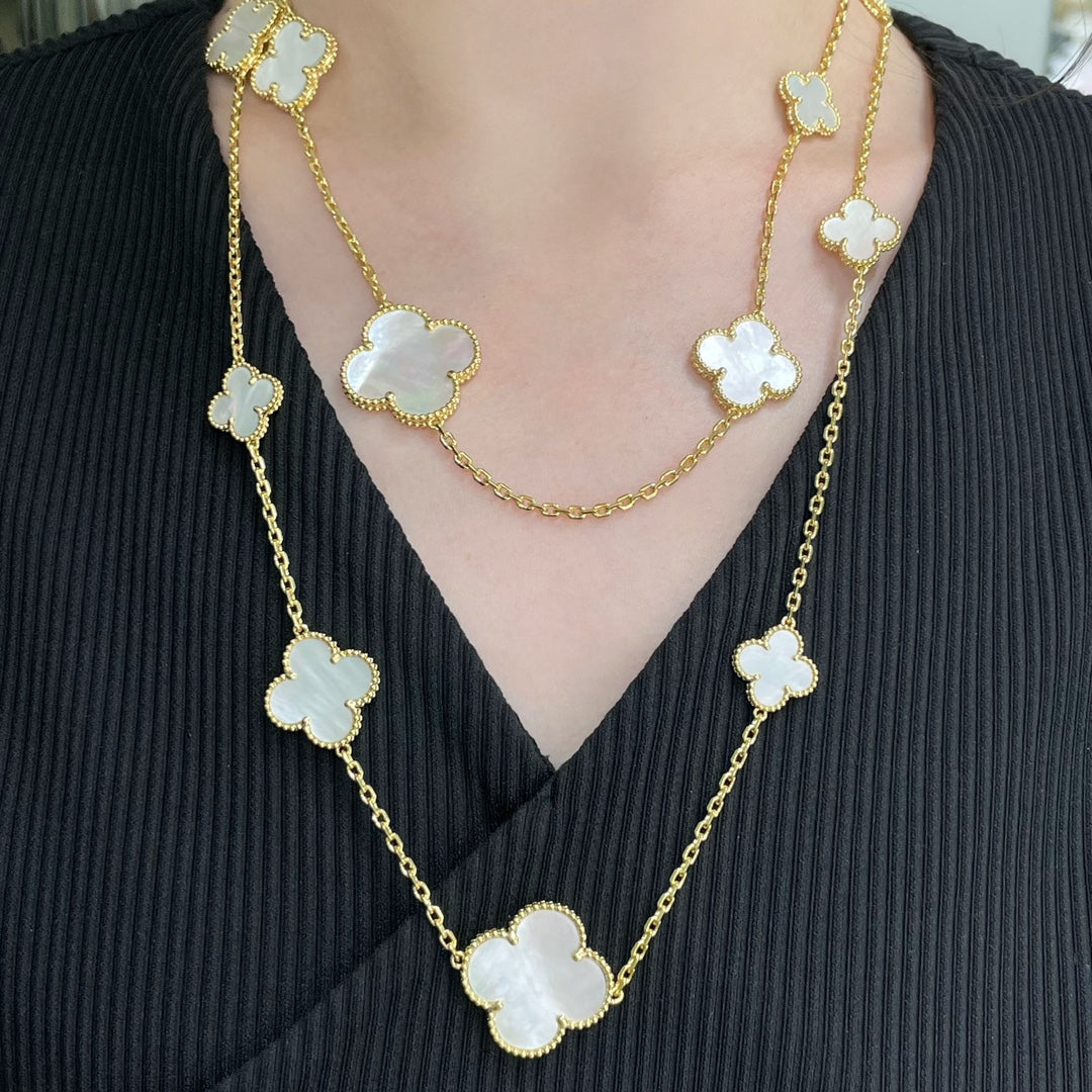 CLOVER 16 MOTIF WHITE MOP GOLD NECKLACE